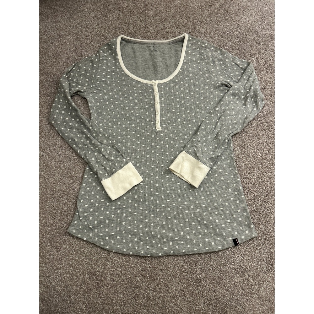 Tommy Hilfiger Henley Top Womens Medium Grey Snowflake Waffle Knit Excellent LS